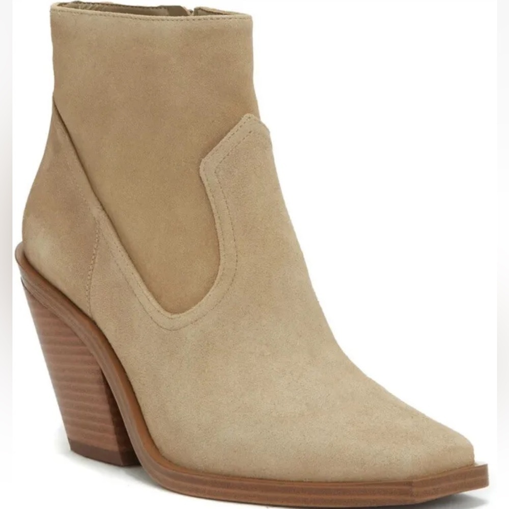 Vince Camuto Tan Suede Amtinda Tortilla Squared Toe Block Heeled Bootie Boot